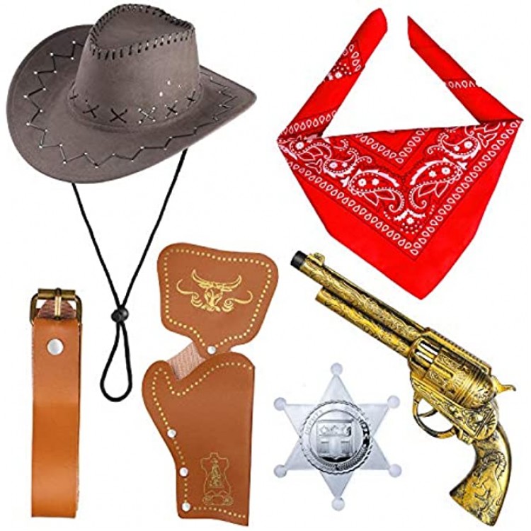 Beelittle Cowboy Costume Accessoires Cowboy Chapeau Bandanna Jouet Pistolets avec Ceinture Holsters Cowboy Ensemble pour Halloween Party Dress Up B