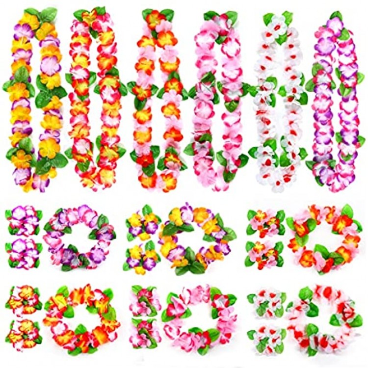 GWHOLE 48 Pièces Hawaiian Fleurs Guirlande Multicolore Tropical Décoration 24 Bracelets 12 Bandeaux et 12 Colliers pour Luau Hawaiian Plage Mariage Pique-Nique Fête Party