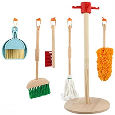 Jouet de nettoyage kit de nettoyage de maison en bois balai vadrouille semblant jouer ensemble de jouets de nettoyage 6 types d'outils de nettoyage de simulation en bois
