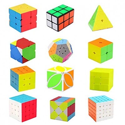 HJXDtech Ensemble Speed Magic Cube 2x2 3x3 4x4 Roue à Miroir Cube Pyramid Cube Cube 2x2x3 Cube Megodax Cube Dodécaèdre Cube Coffret Puzzle Skewb et Leaf Cube Paquet de 12